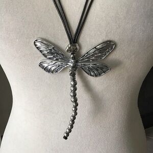 LAST 1! NEW Dragonfly Statement Necklace Movable Wings Gardener Black Cord Lucky